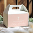Blush pink christening gable favour box with cross and thank-you message, handle cut-out