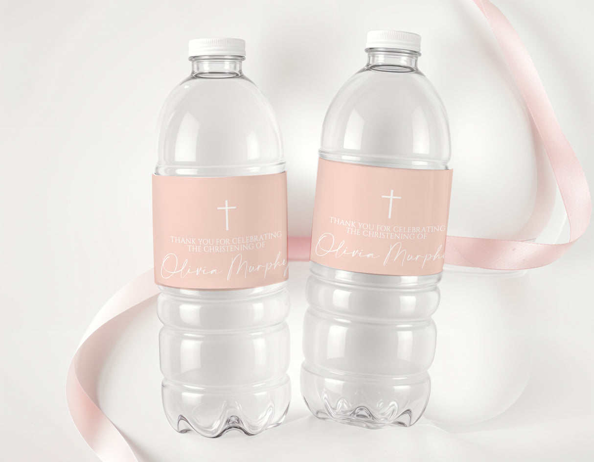 Blush pink christening drink bottle labels with white cross and personalised name