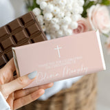 Pink and white custom christening chocolate bar wrapper with cross and thank you message