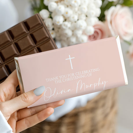 Pink and white custom christening chocolate bar wrapper with cross and thank you message
