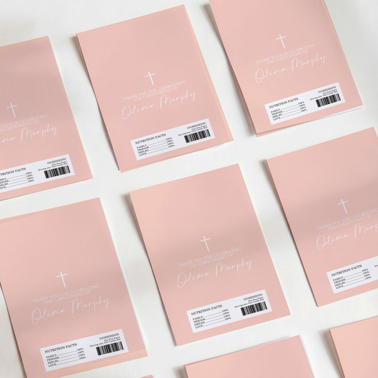 Blush pink printed chocolate wrappers with cross and script text, DIY sheet set