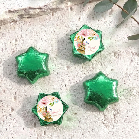 Personalised foil-covered chocolate star with floral bunny label, green