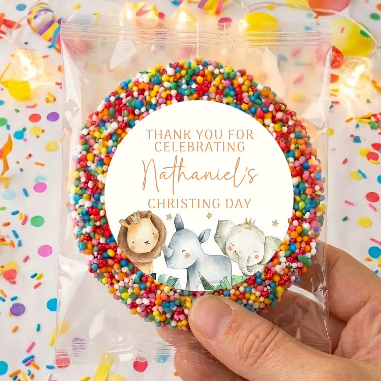 Clear cello favor bag with round watercolor baby animals label and rainbow bead border