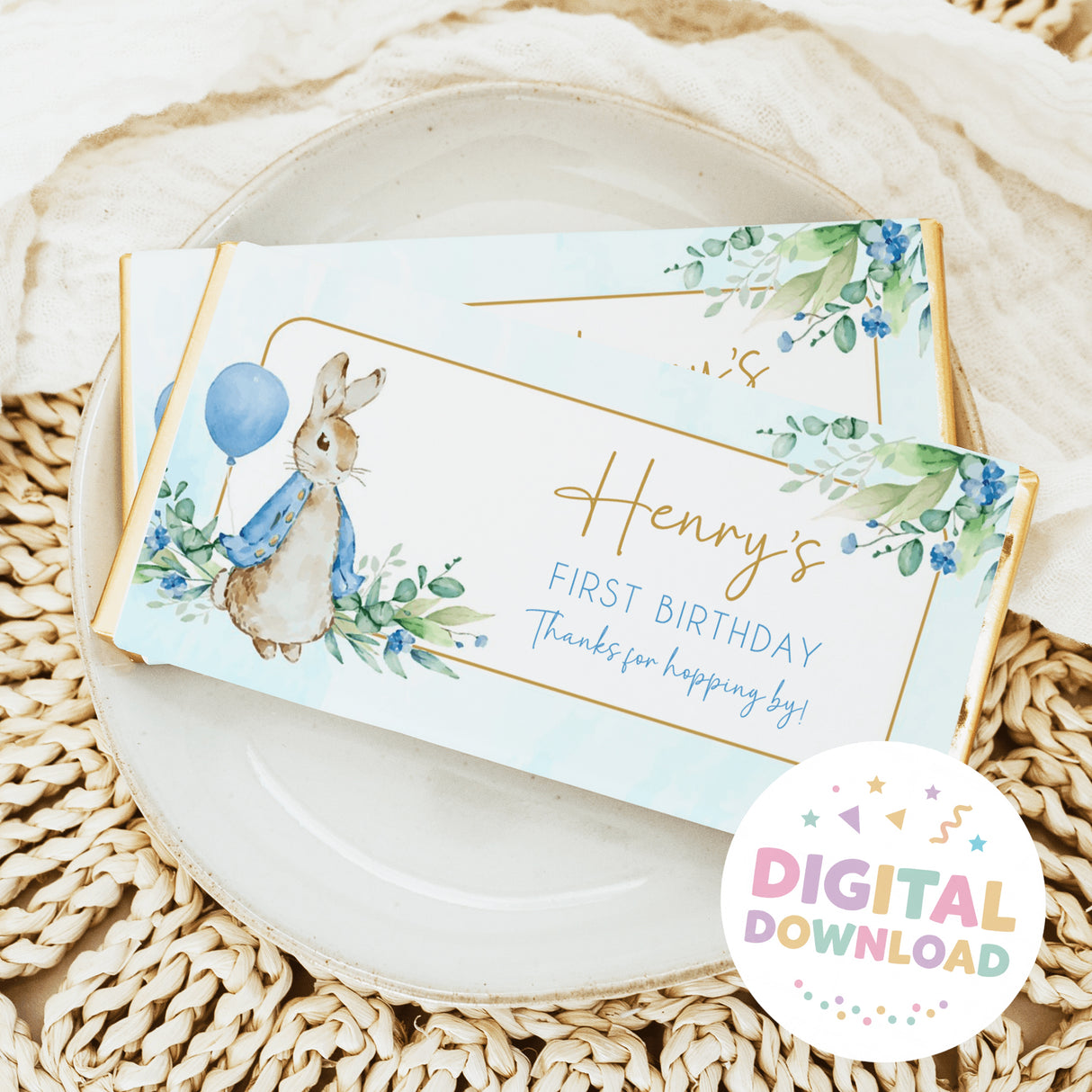 First birthday chocolate bar wrappers with Peter Rabbit, blue balloon and floral greenery