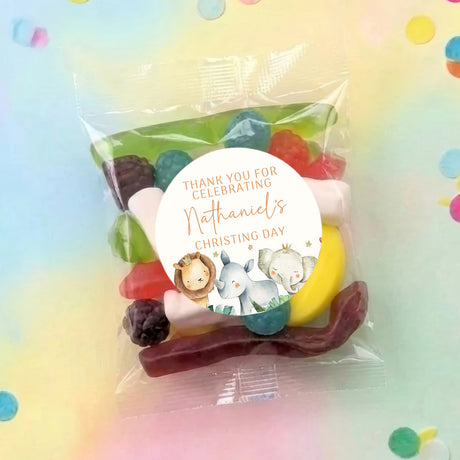 Clear party mix lolly bag with circular christening card, personalized Nathaniel