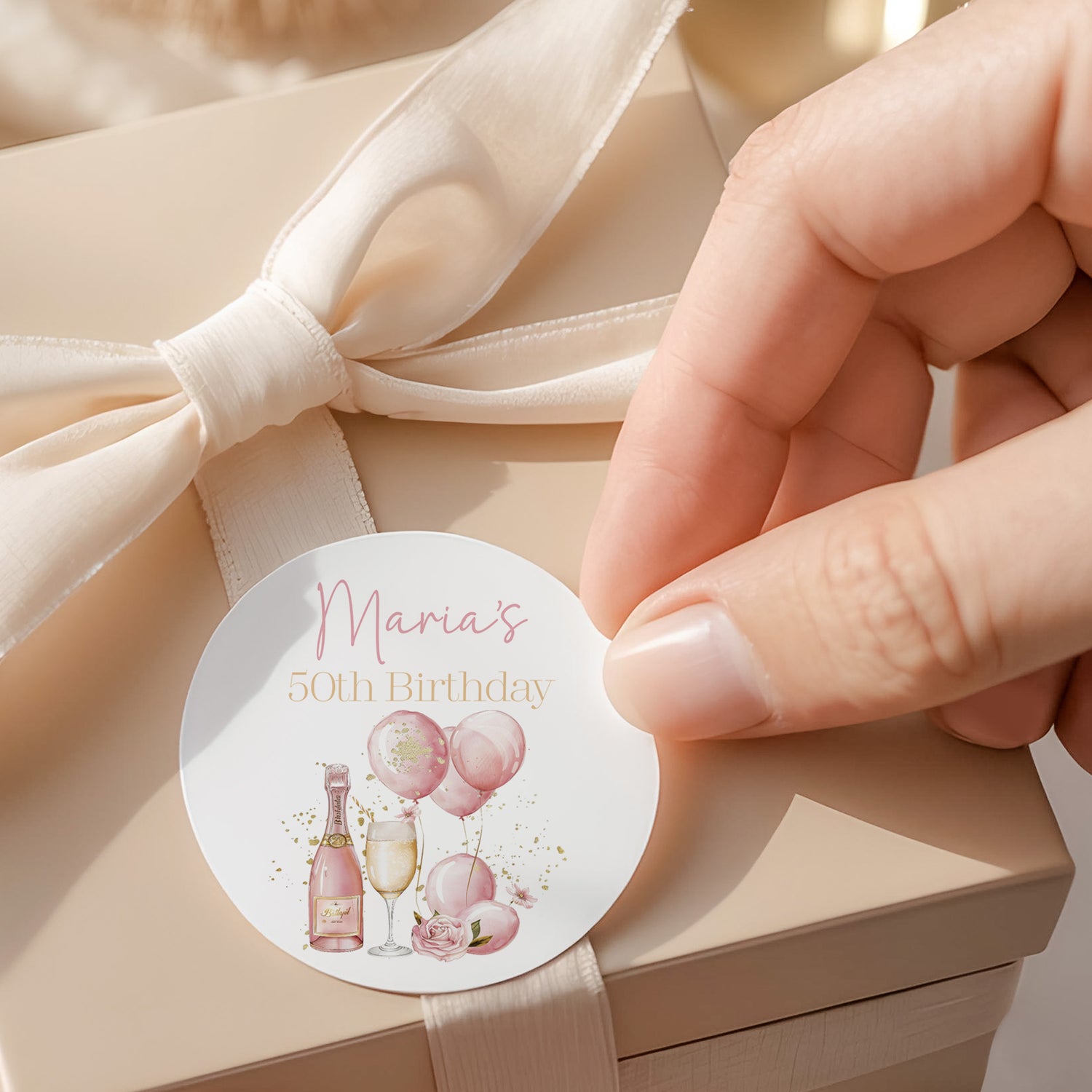 Pink Champagne 50th Birthday Round Printed Labels