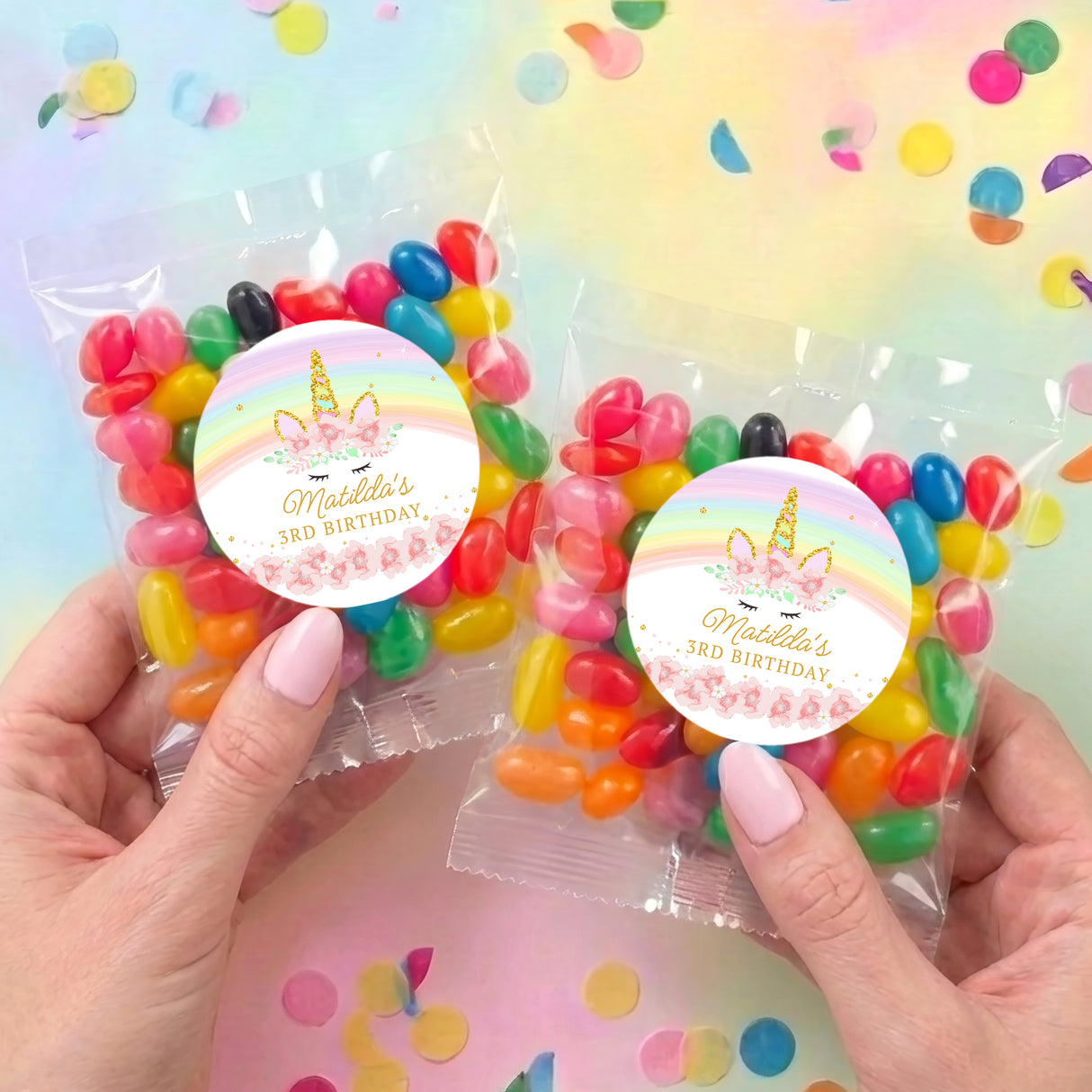 Pastel Rainbow Unicorn Personalised Jelly Bean Bags