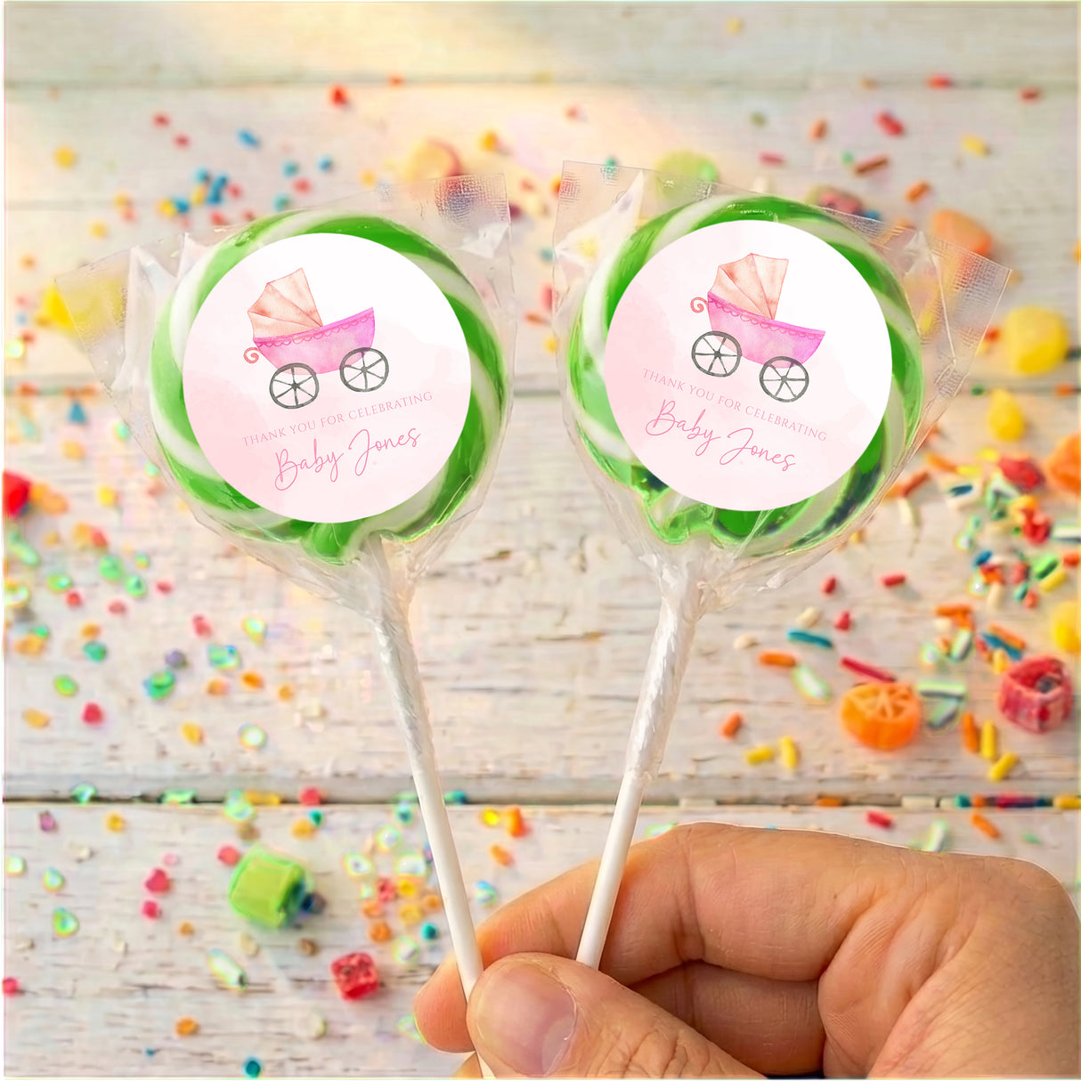 Pink Baby Carriage Baby Shower Personalised Lollipops