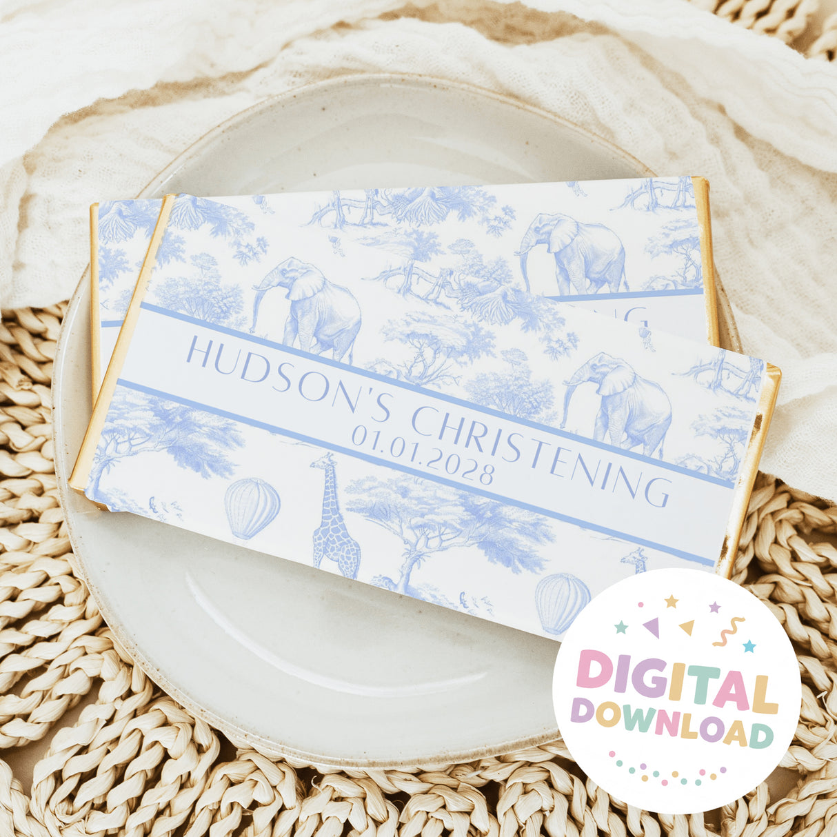 Blue safari print christening chocolate bars with custom label and seal