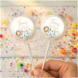Personalised watercolor baby animal lollipops with Thomas text on clear round wrappers