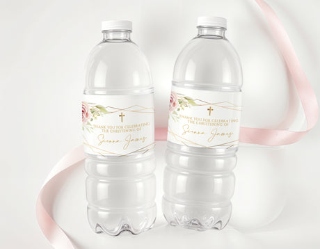 Christening water bottle labels with blush rose gold frame, cross and personalized text