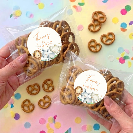 Personalised clear pretzel bag with round pretzels and a baby animals gift tag
