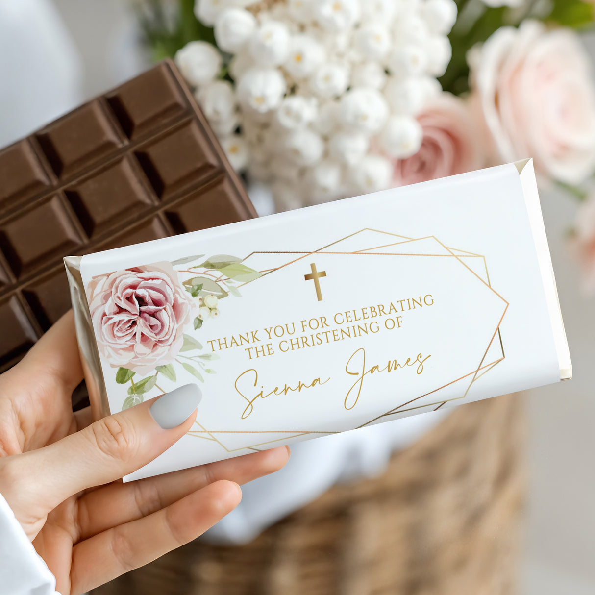 Christening chocolate bar wrapper, white with blush florals, gold frame and cross