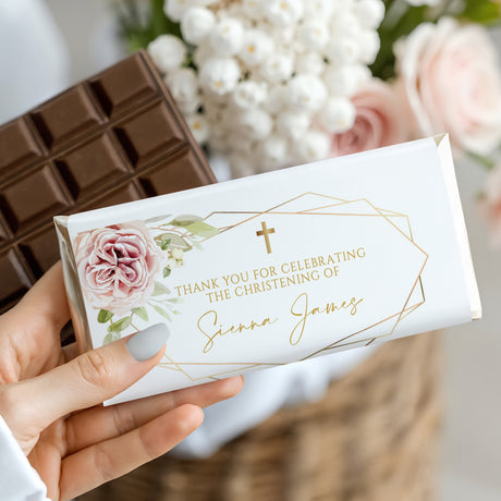 Christening chocolate bar wrapper, white with blush florals, gold frame and cross