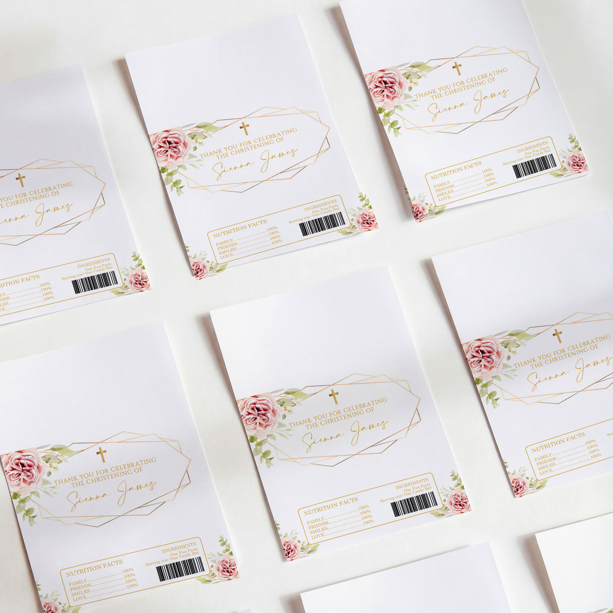 Christening chocolate wrappers, floral rose and gold cross print, with barcode label