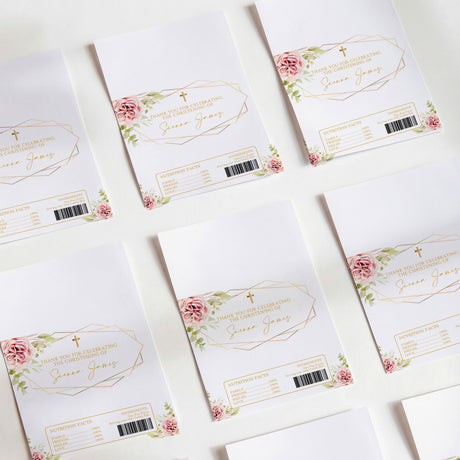 Christening chocolate wrappers, floral rose and gold cross print, with barcode label