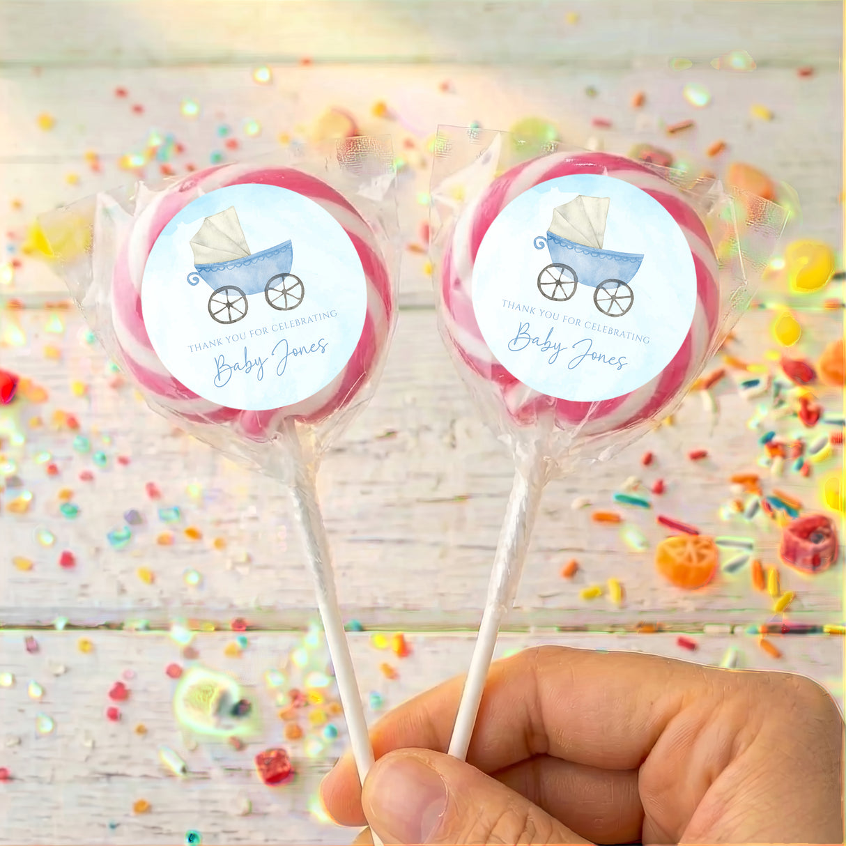 Blue Baby Carriage Baby Shower Personalised Lollipops