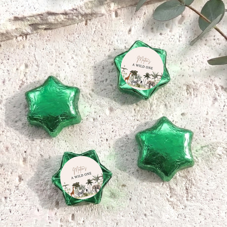 Jungle safari “A Wild One” foil-covered chocolate star set in green