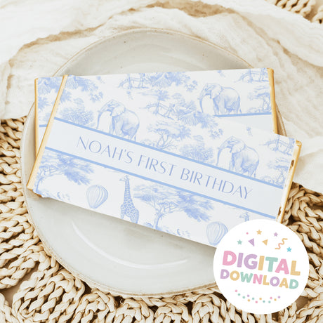 Blue safari chocolate bar gift wrapper with elephants and text Noah's First Birthday