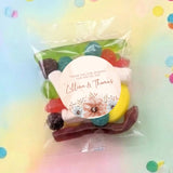 Personalised lolly bag with clear wrapper and floral thank-you circle label