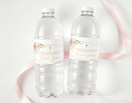 Personalised water bottle labels with blush rose gold frame, on clear plastic bottles