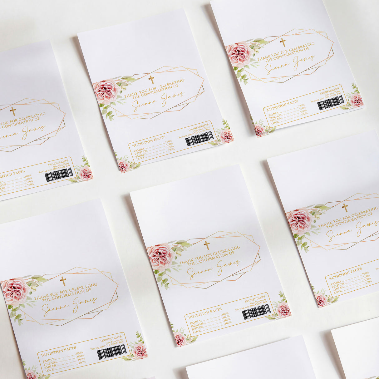 Set of printed chocolate wrappers with blush rose floral and gold frame accents on white