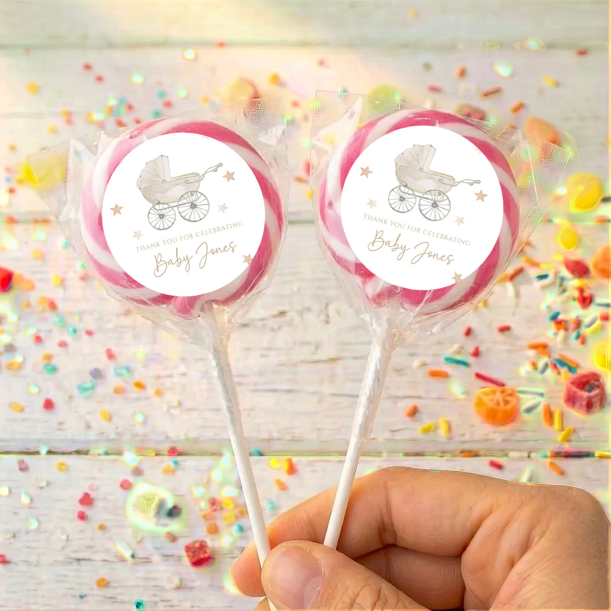 Gender Neutral Pram Baby Shower Personalised Lollipops