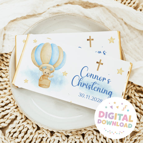 Christening chocolate bar wrapper with hot air balloon bear graphic and 'Connor's Christening' date.