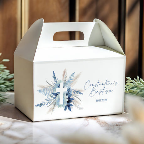 White gable favour box with blue pampas floral decoration and baptism date text
