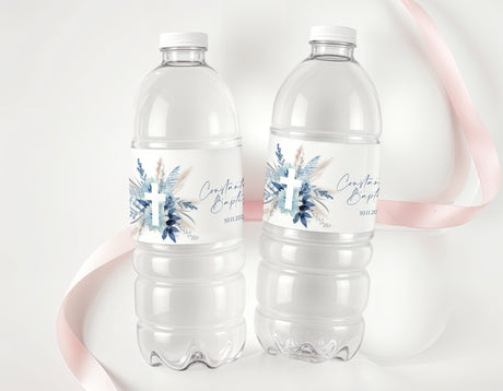 Pair of clear plastic water bottles with blue pampas cross personalised labels