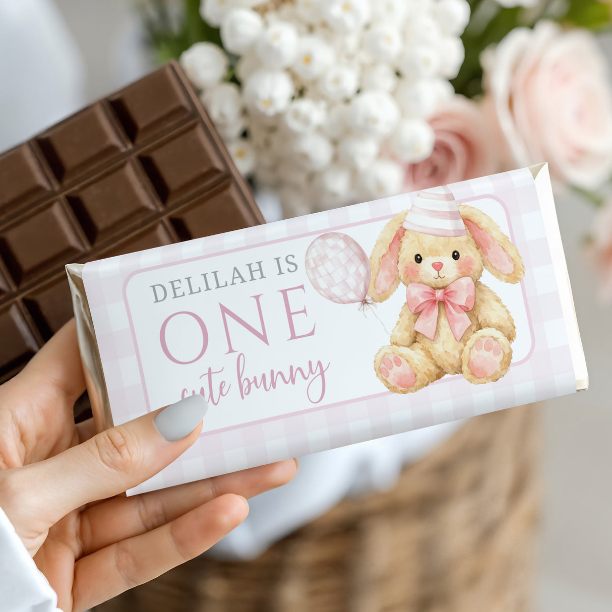 Pink Bunny First Birthday Chocolate Bar Silver Foil