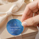 Round confirmation label with blue background, gold cross, and “Thank you” message
