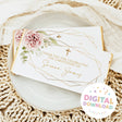 Christening chocolate bar wrapper design with blush florals, gold frame, and cross icons