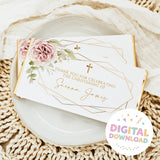 Christening chocolate bar wrapper design with blush florals, gold frame, and cross icons