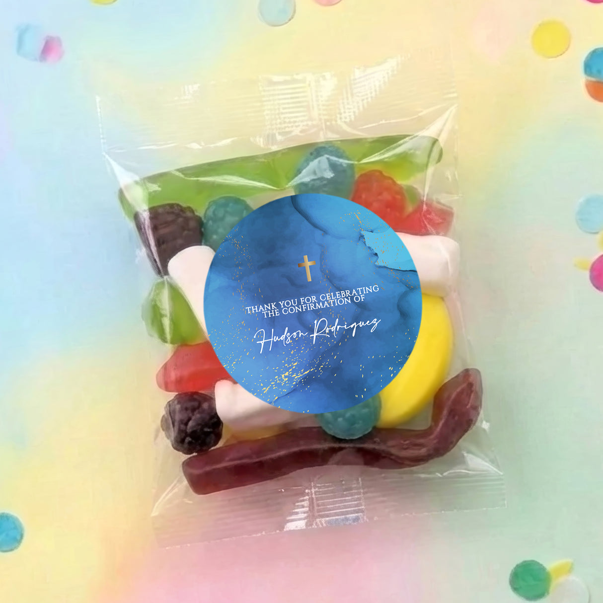 Clear cellophane lolly bag with blue cross seal and personalised confirmation message