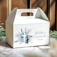 White gable favor box with blue pampas floral cross and personalized confirmation text