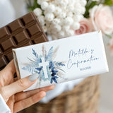 Custom confirmation chocolate bar: white wrapper, blue floral cross, Matilda's Confirmation