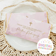 Pink marble baptism chocolate bars with thank-you card, gold crosses and accents