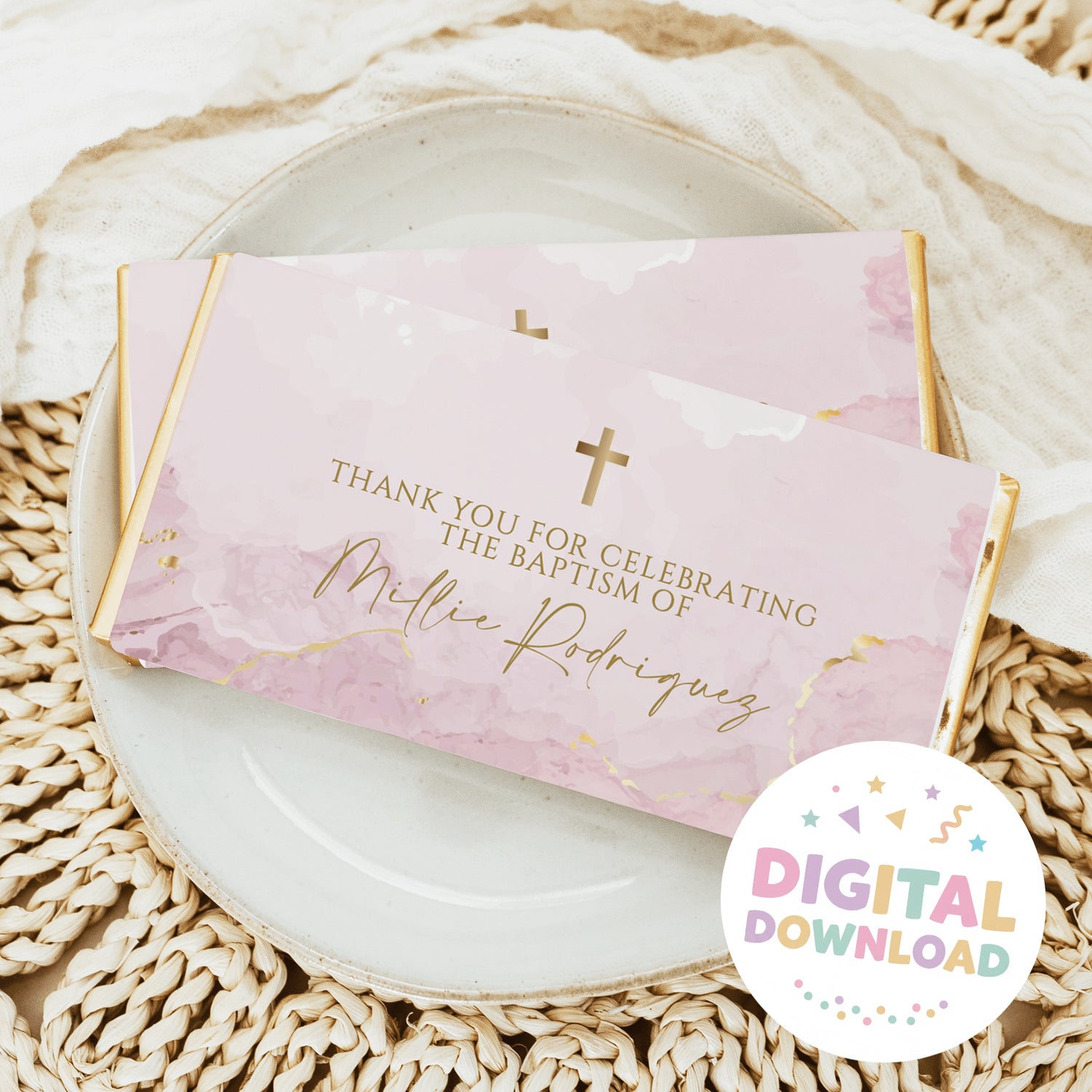 Pink marble baptism chocolate bars with thank-you card, gold crosses and accents