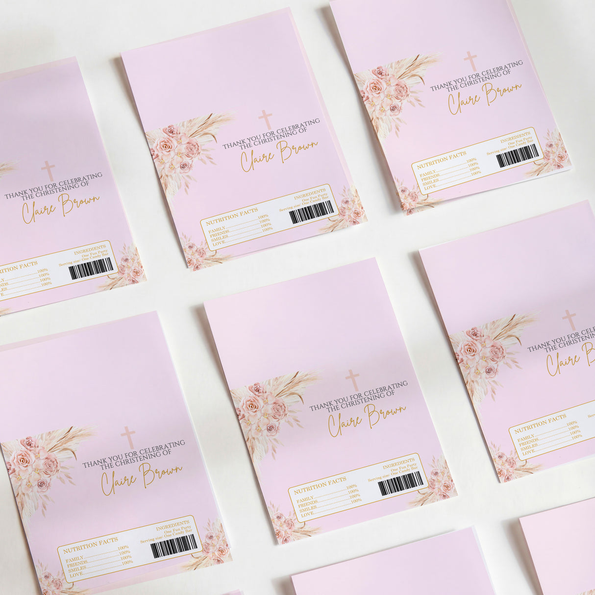 Light purple boho printed chocolate wrappers with floral cross and label