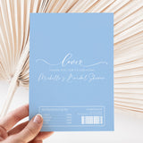 Blue bridal shower chocolate wrapper with “Love” and thank-you message