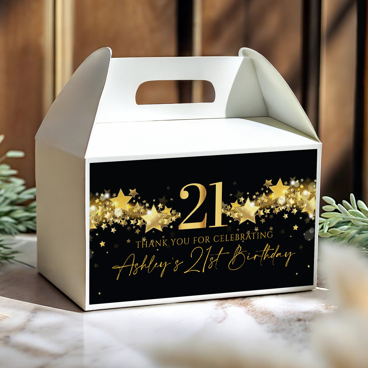 21st birthday personalised gable favour box, black with gold stars and '21', Ashby text