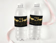 Personalised 21st birthday water bottle labels on clear plastic bottles, black and gold