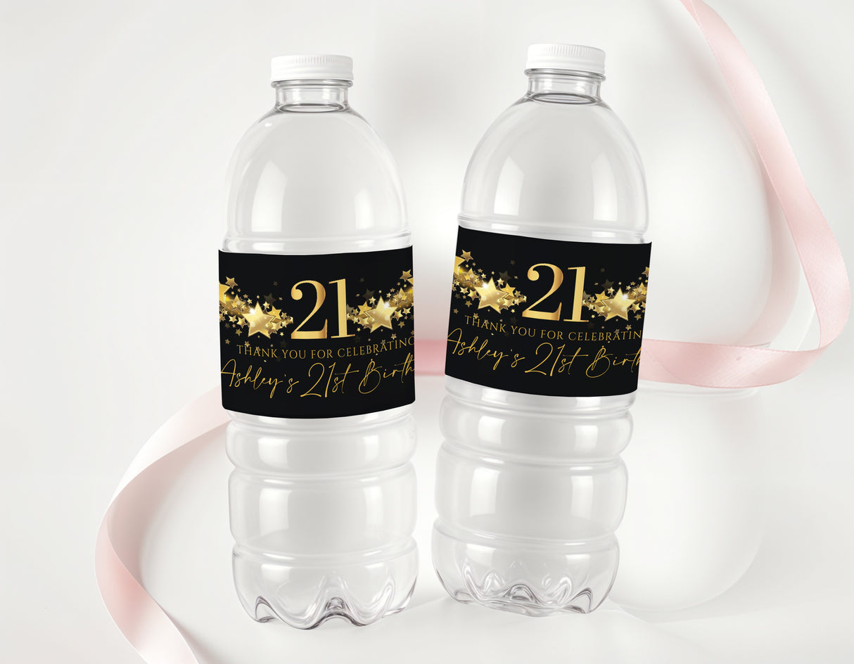 Personalised 21st birthday water bottle labels on clear plastic bottles, black and gold