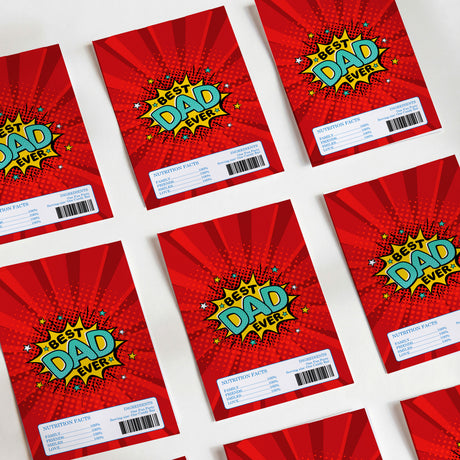 Set of red chocolate wrappers with 'Best Dad Ever' and nutrition facts barcodes