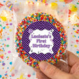 Birthday freckles in clear bag, round rainbow candy border and purple checkered label
