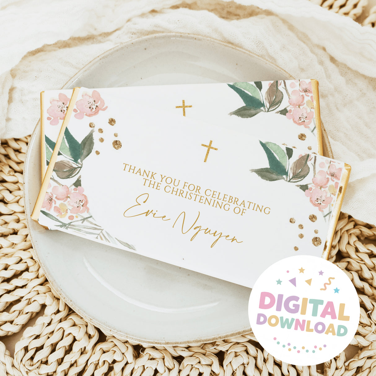Blush pink floral chocolate bar with gold crosses and Thank you for celebrating text
