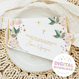 Blush pink floral chocolate bar with gold crosses and Thank you for celebrating text