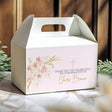White boho gable favour box with handle, floral roses and cross, personalised thank-you
