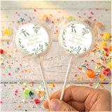 Personalised baby shower lollipops with eucalyptus wreath labels, clear bands